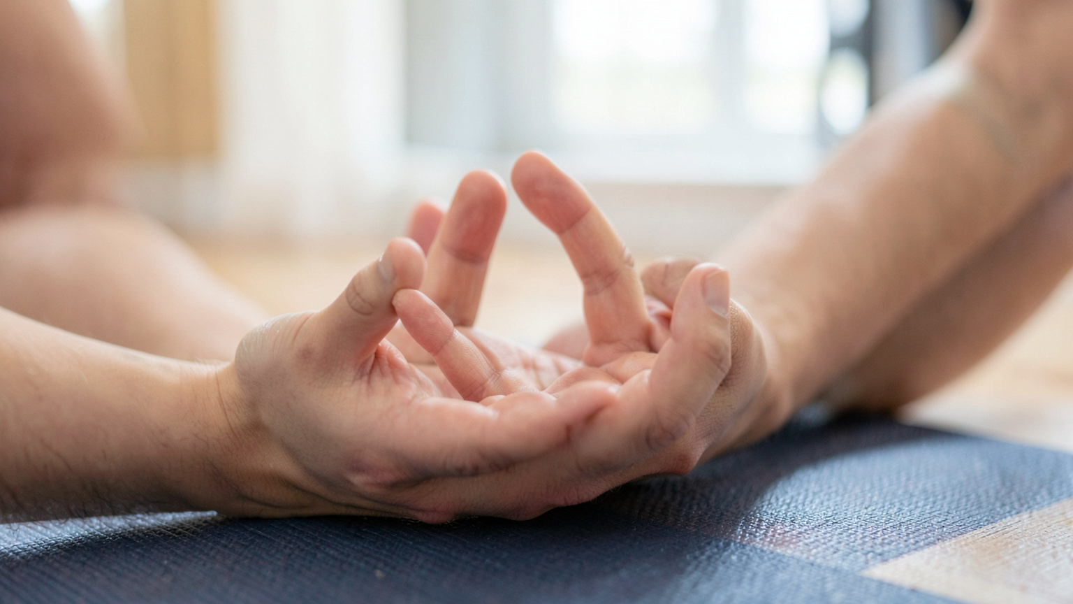 Mains formant un mudra de méditation sur un tapis de yoga