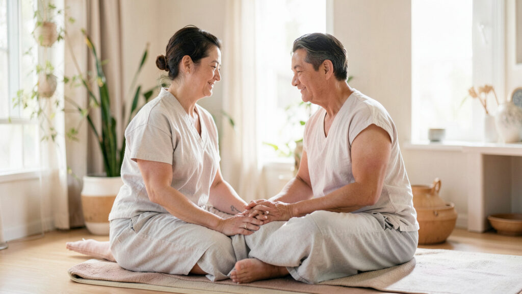Deux adultes vêtus dans un cadre de massage respectueux