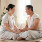 Deux adultes vêtus dans un cadre de massage respectueux
