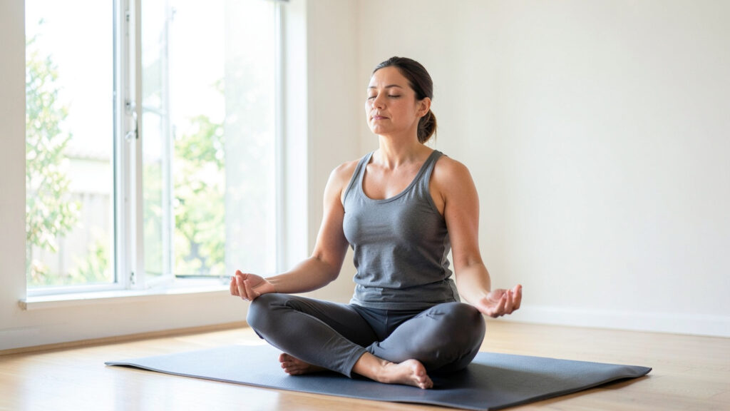 Personne pratiquant une respiration calme sur un tapis de yoga