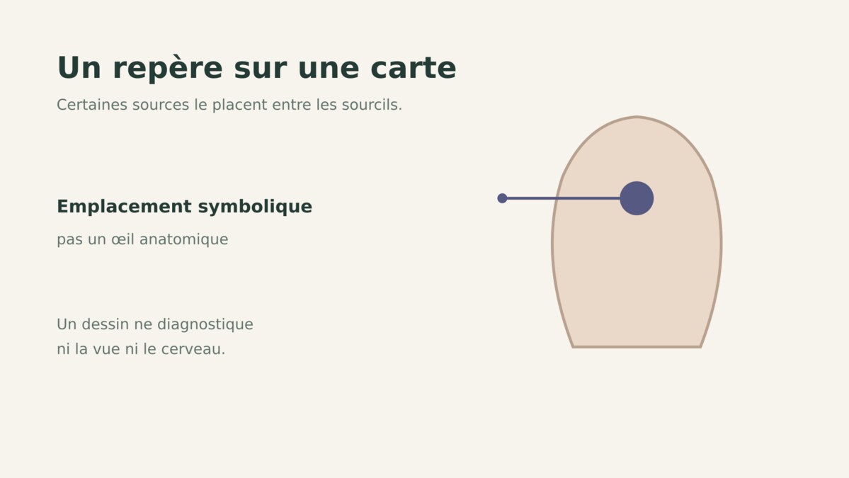 Repère symbolique du troisième œil entre les sourcils, sans diagnostic médical.