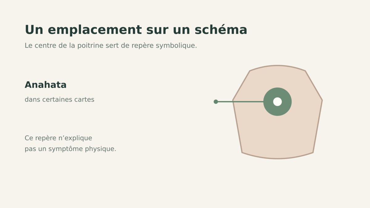 Schéma symbolique situant Anahata au centre de la poitrine, sans valeur médicale.