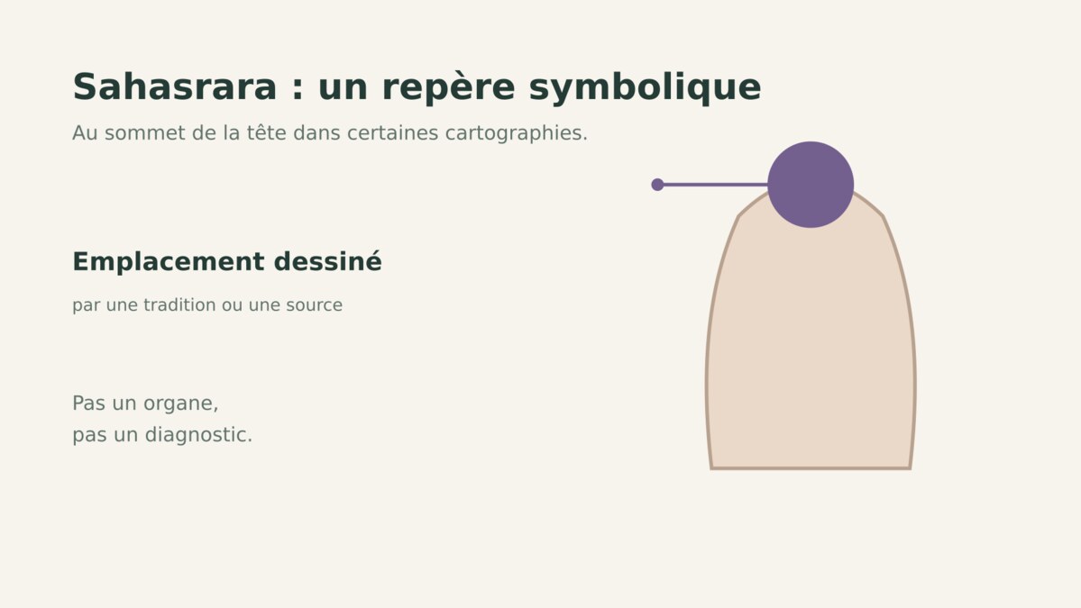Sahasrara situé symboliquement au sommet de la tête dans certaines cartographies, sans anatomie.