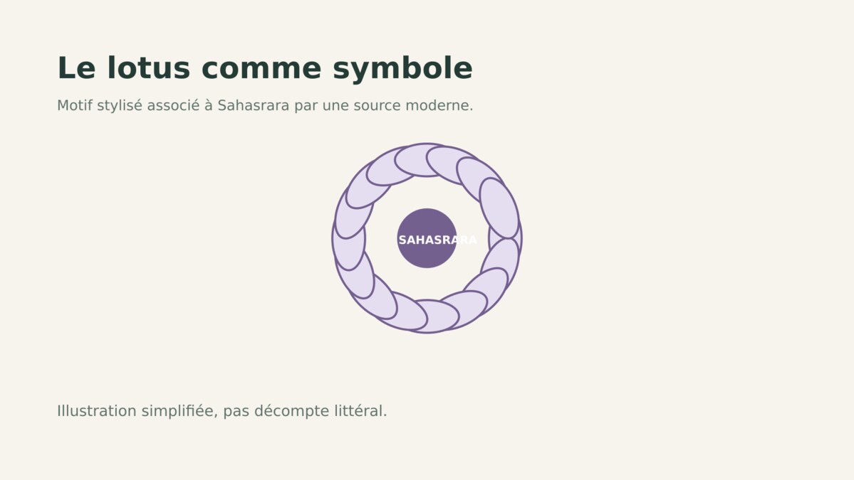 Motif de lotus stylisé associé à Sahasrara dans une source moderne, sans prétention littérale.