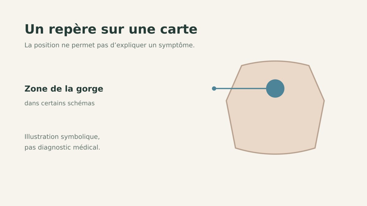 Repère symbolique du chakra de la gorge sur un schéma, sans diagnostic médical.