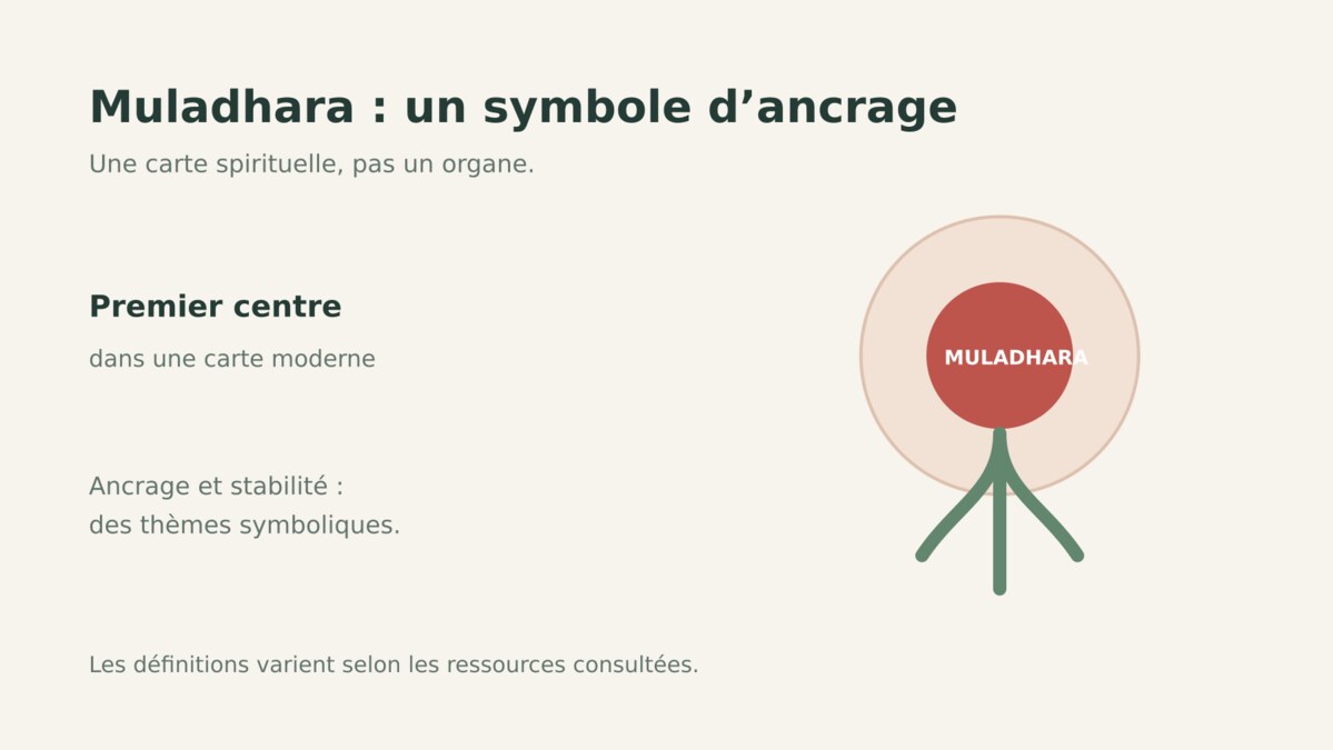 Illustration symbolique de Muladhara comme repère d’ancrage, sans prétention médicale.