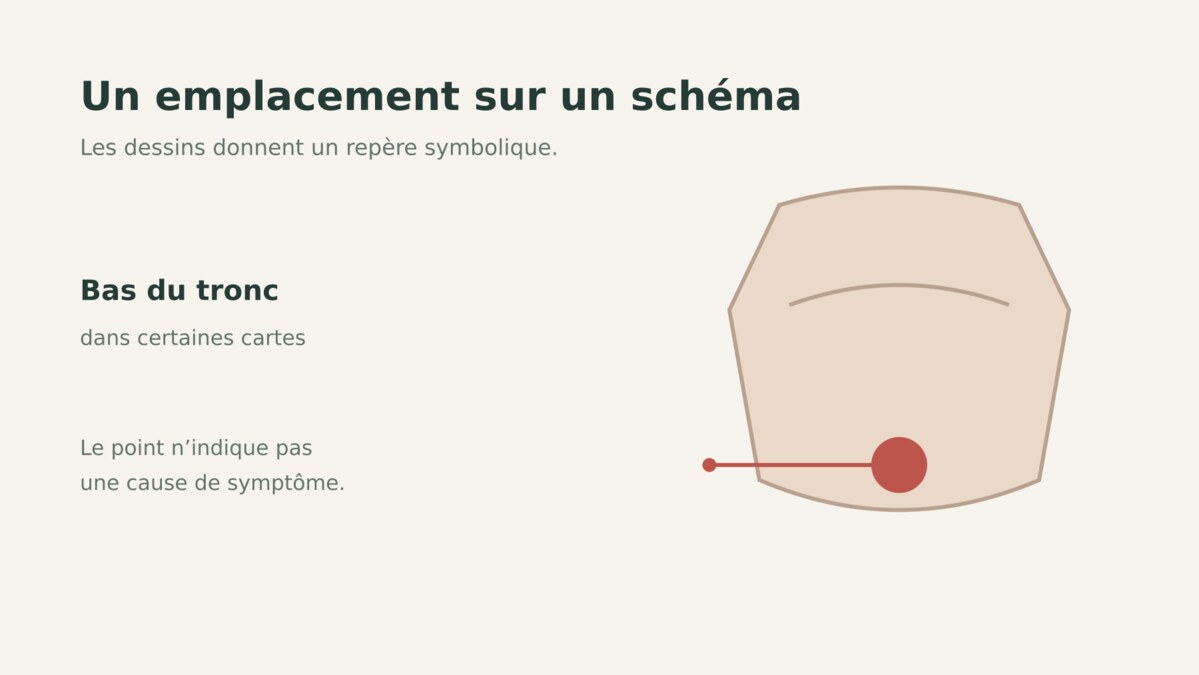 Schéma symbolique situant le chakra racine à la base du tronc, sans précision anatomique.