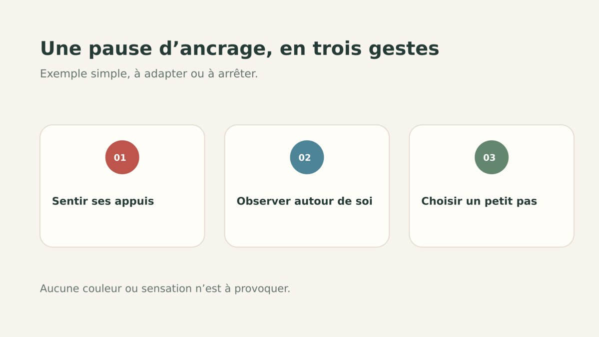 Exercice d’ancrage illustré par des appuis, l’observation de l’environnement et un petit pas concret.