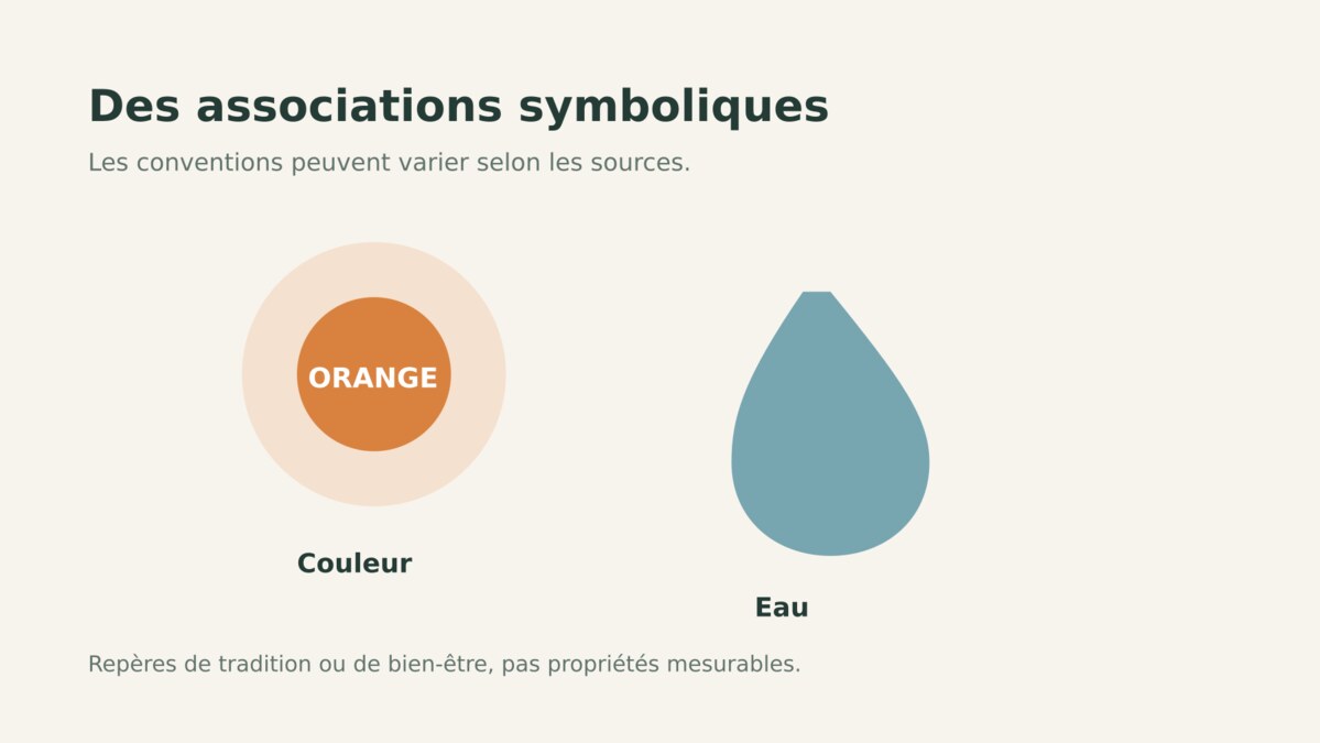 Repères symboliques souvent associés au chakra sacré : couleur orange et élément eau.
