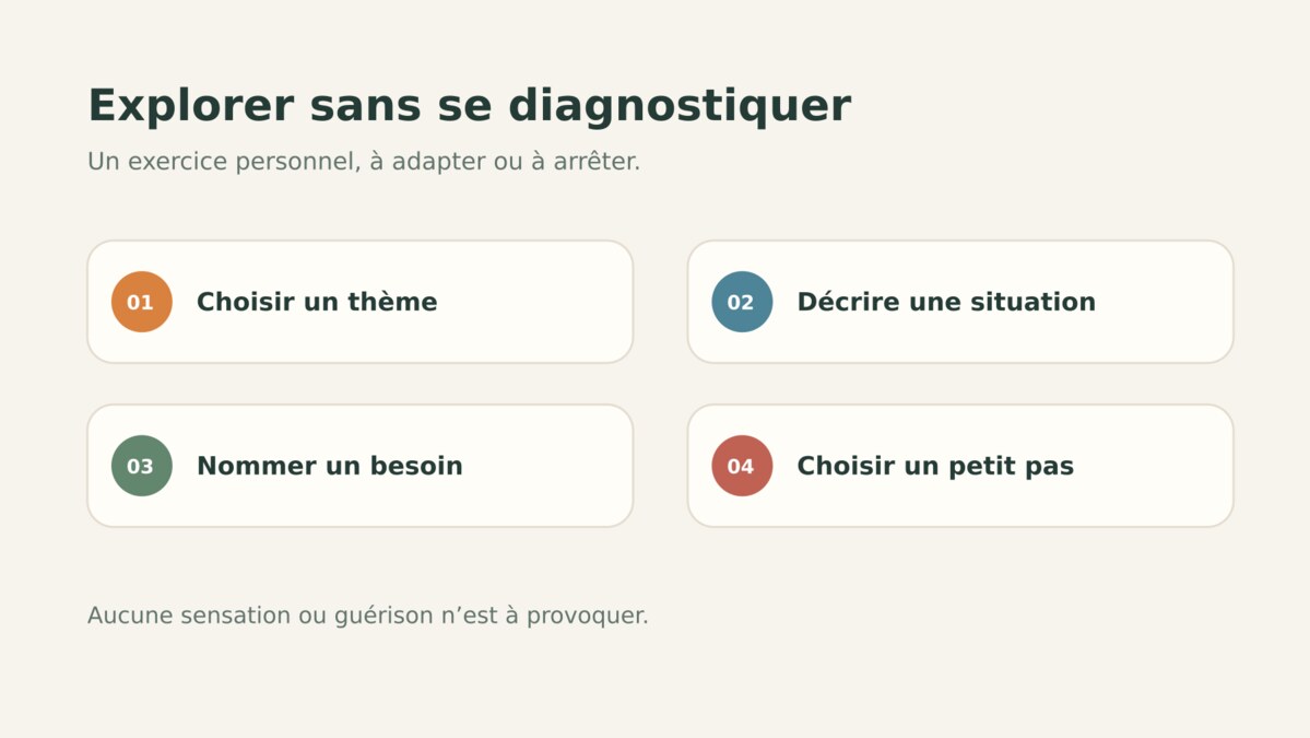 Quatre étapes de réflexion personnelle autour du chakra sacré, sans diagnostic ni promesse de guérison.