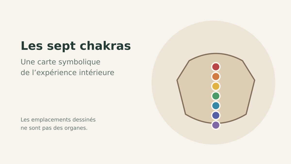 Illustration symbolique des sept chakras sur une silhouette, sans représentation anatomique.