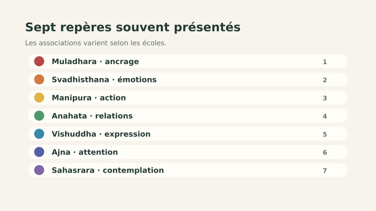 Schéma des sept chakras et de leurs associations symboliques courantes.