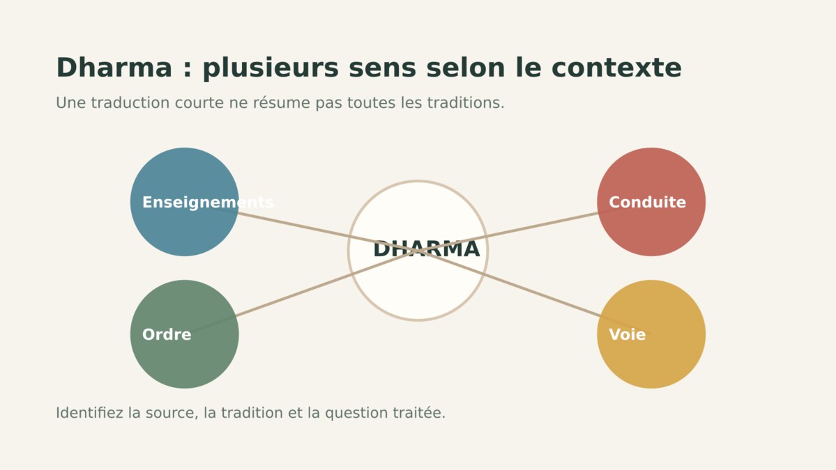 Illustration du mot dharma relié à plusieurs sens possibles selon les traditions et les contextes.