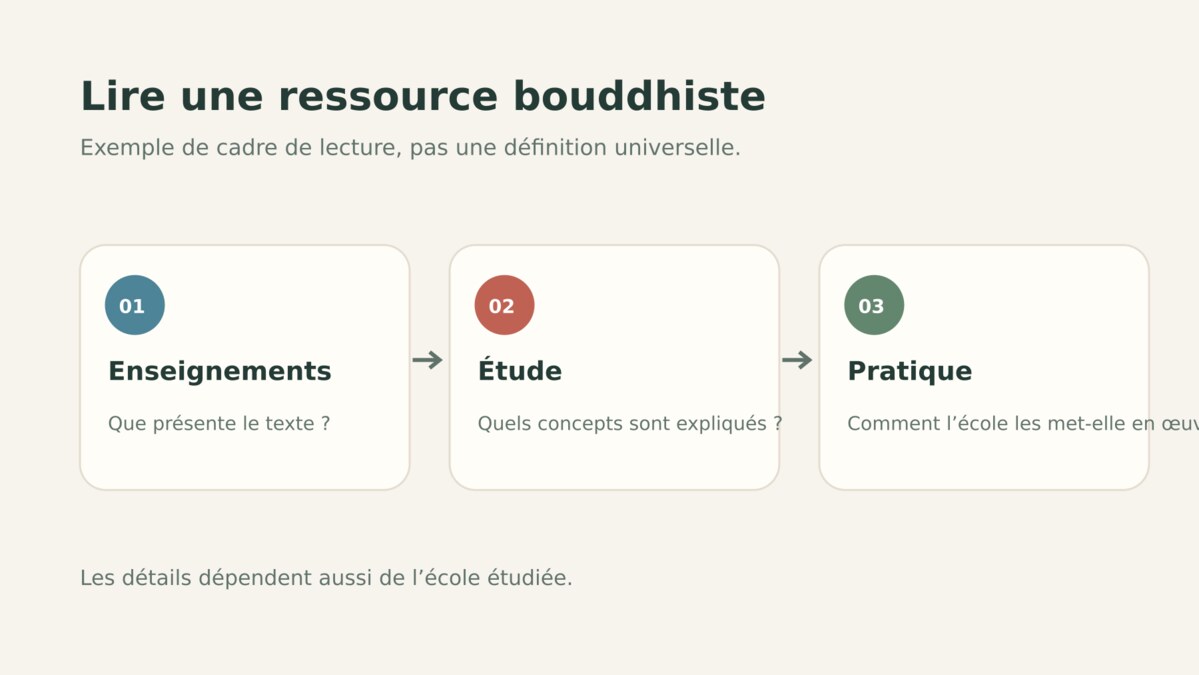 Schéma de lecture d’une ressource bouddhiste autour des enseignements et de la pratique.