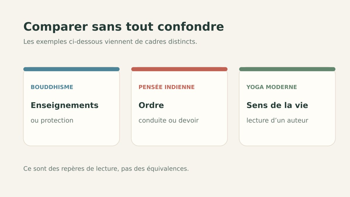Repères comparant plusieurs cadres de définition du dharma sans les présenter comme identiques.