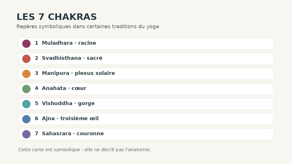 Les sept chakras présentés comme des repères symboliques, de Muladhara à Sahasrara.
