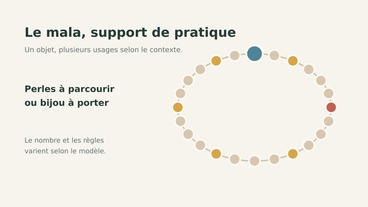 Illustration originale d’un mala en perles présenté comme un support de pratique, sans nombre fixe.