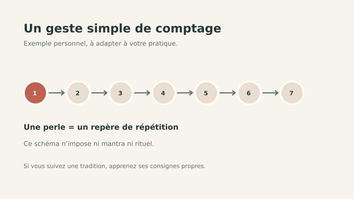 Schéma d’une pratique de comptage où une perle sert de repère pour une répétition, à adapter selon la méthode.
