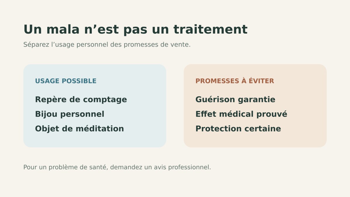 Infographie rappelant qu’un mala peut être un objet de pratique ou un bijou, mais pas un traitement médical.