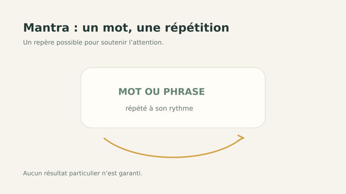 Schéma d’un mantra comme mot ou formule répétée pour soutenir l’attention, sans promesse d’effet.