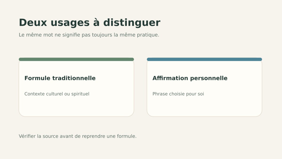 Comparaison entre une formule traditionnelle et une affirmation personnelle, deux usages à distinguer.