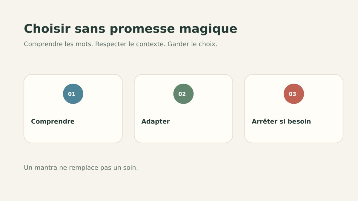 Repères prudents pour choisir une phrase personnelle sans promesse magique ni médicale.