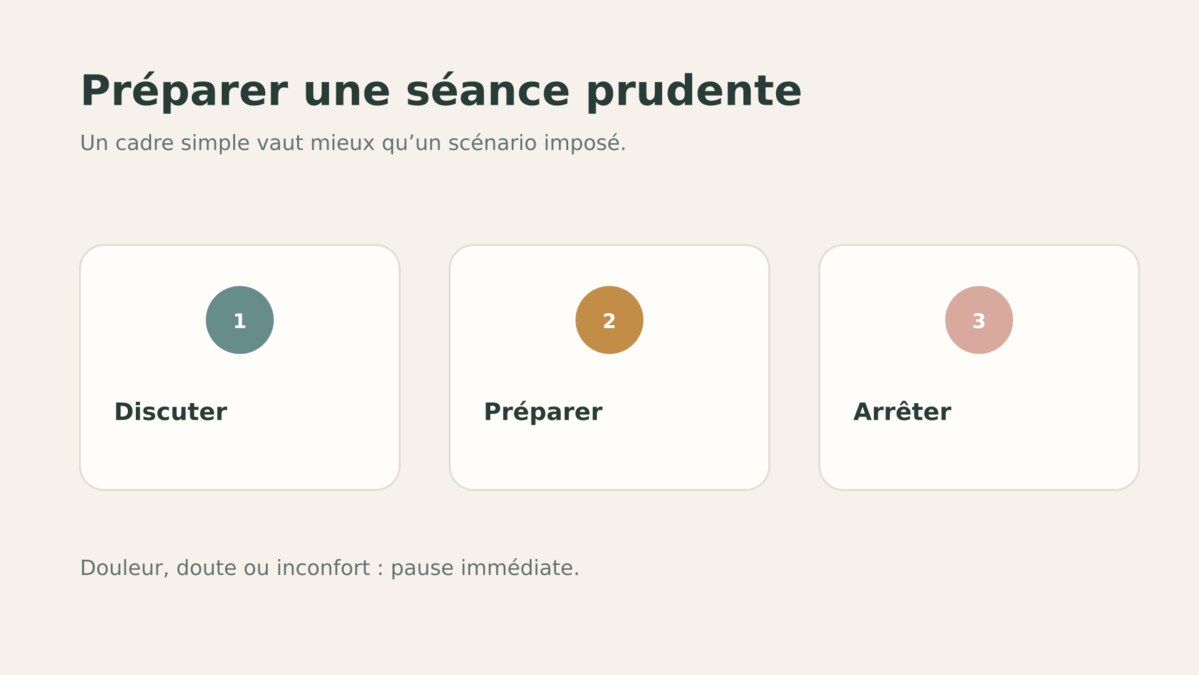 Préparer une séance avec un cadre clair, une hygiène simple et un arrêt immédiat en cas d’inconfort.