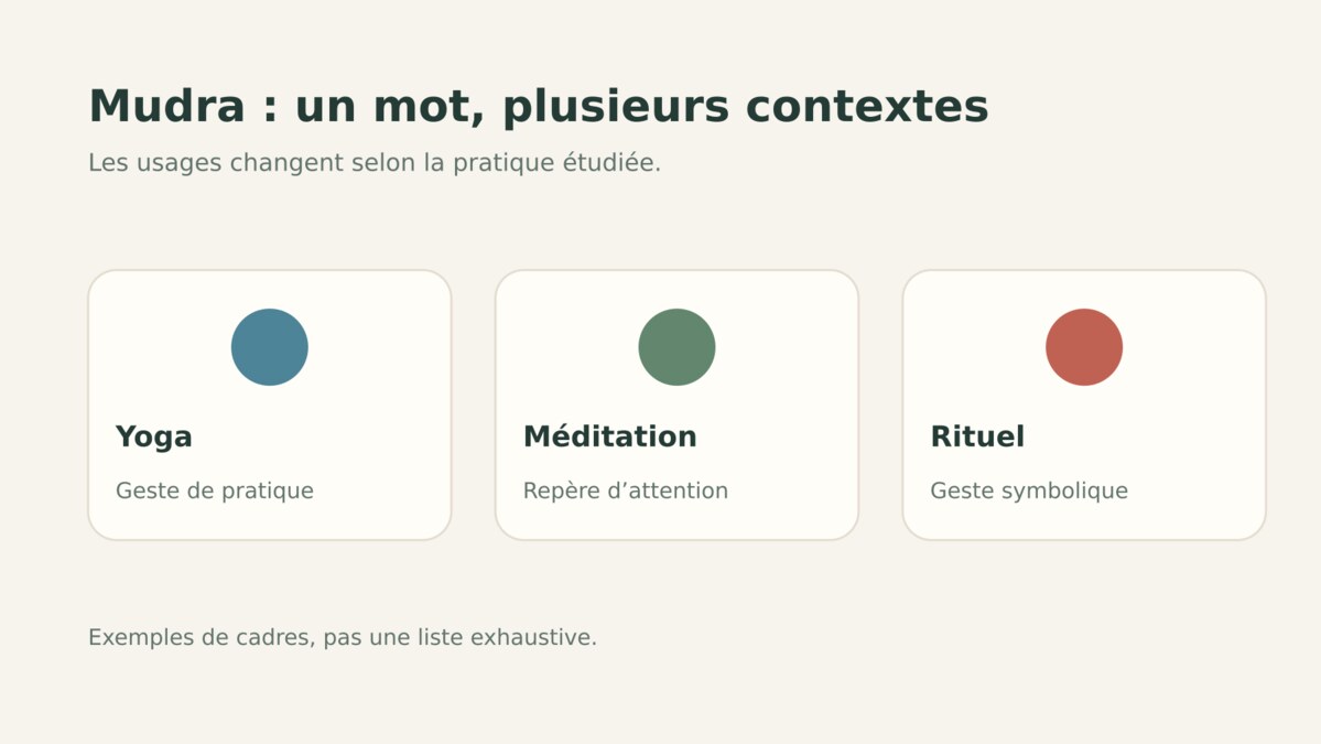 Repère visuel des usages du mudra en yoga, méditation et contexte rituel.