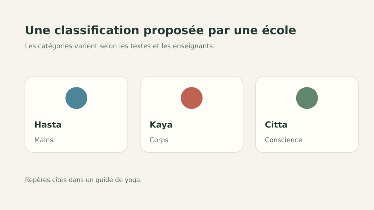 Trois catégories décrites dans une ressource de yoga : geste des mains, du corps et de la conscience.