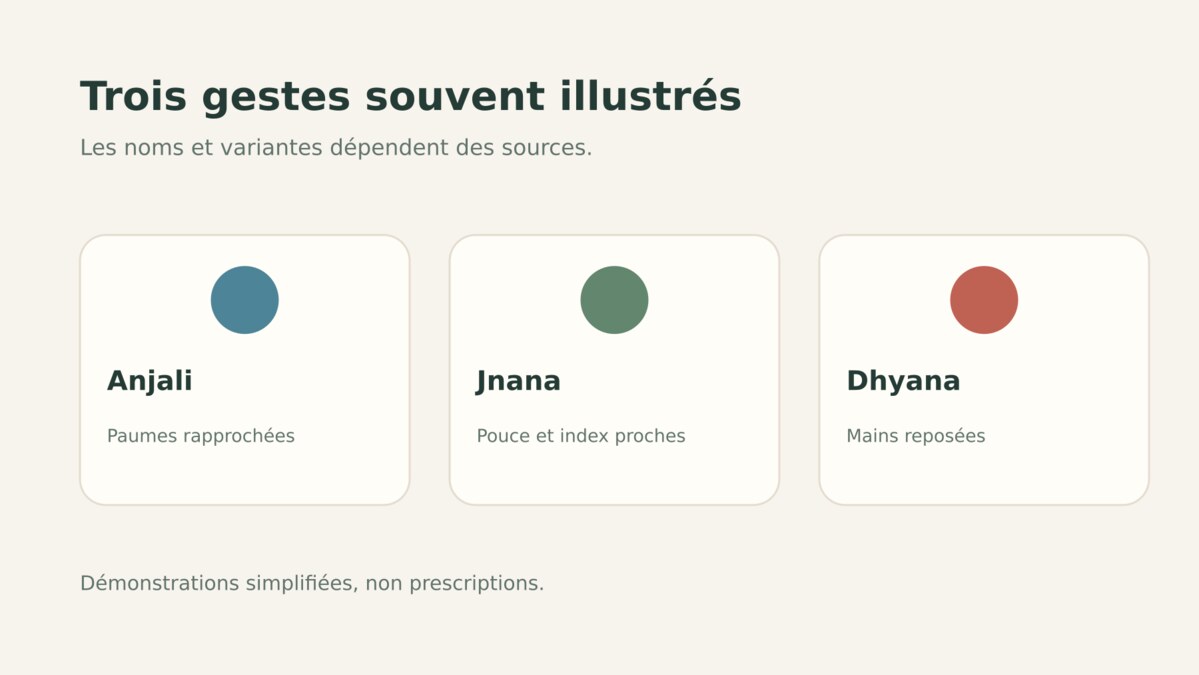 Trois exemples de gestes souvent cités en yoga : Anjali, Jnana et Dhyana.