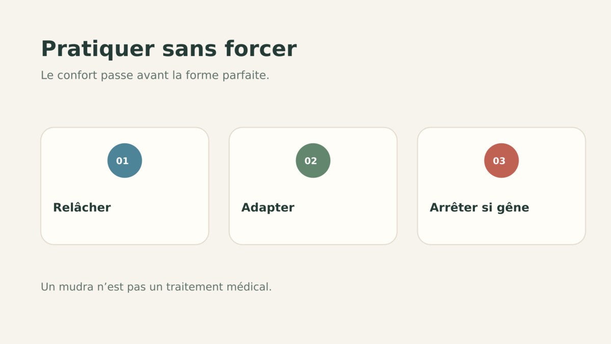 Conseils de pratique d’un mudra : garder le confort, adapter le geste et arrêter si besoin.