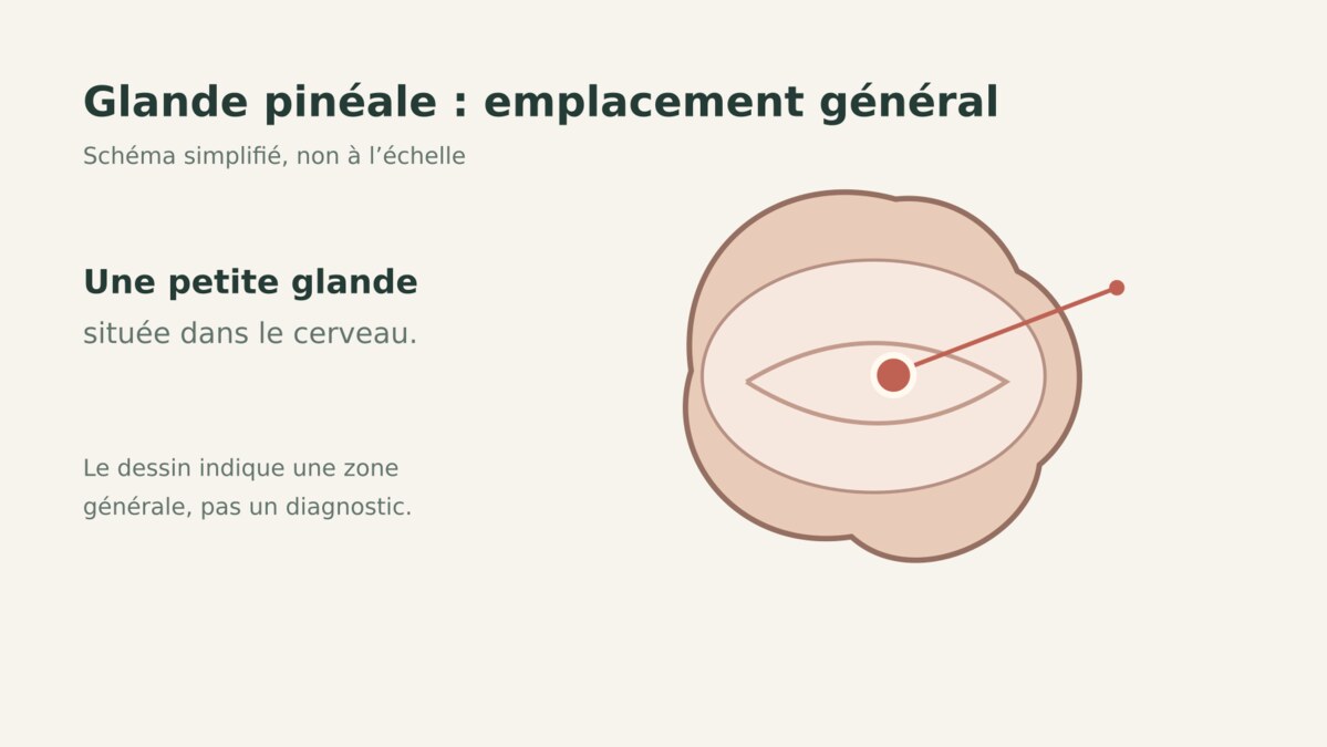 Schéma simplifié de la position de la glande pinéale dans le cerveau, sans valeur anatomique détaillée.