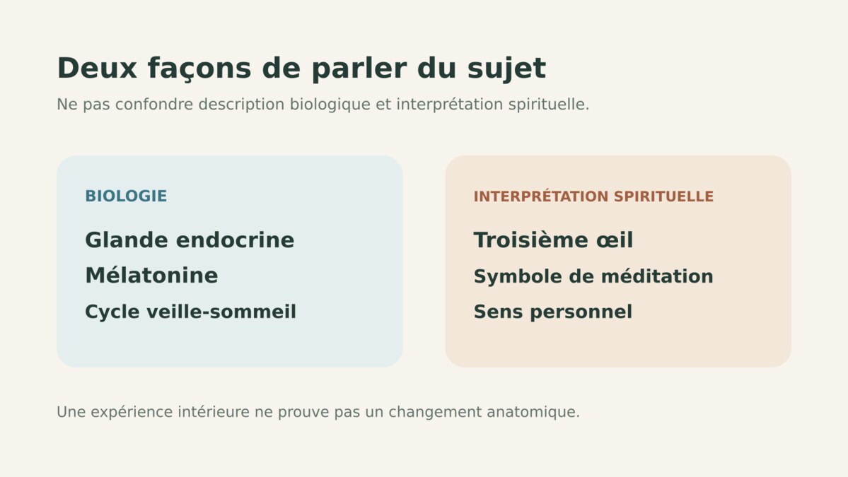 Comparaison entre le rôle biologique de la glande pinéale et l’image spirituelle du troisième œil.