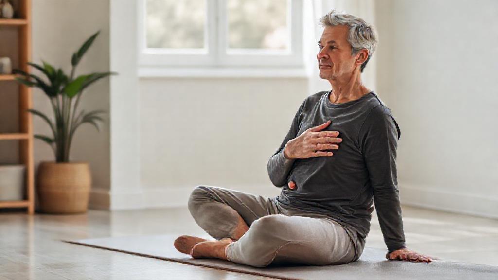 Adulte assis en posture détendue, une main posée sur la poitrine pendant une pause de recentrage.