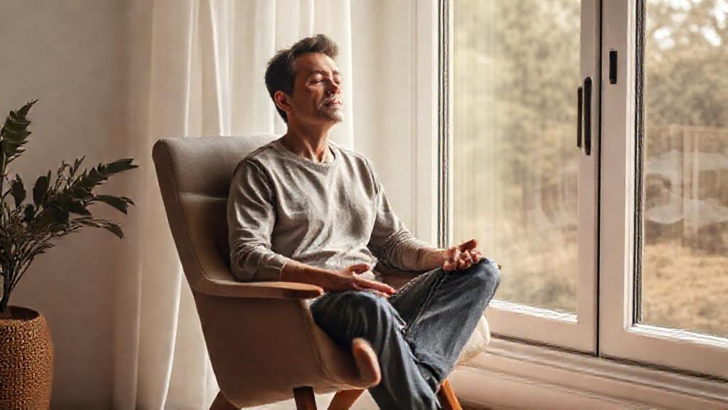 Adulte assis dans un fauteuil, les mains relâchées sur les cuisses pendant une respiration calme.