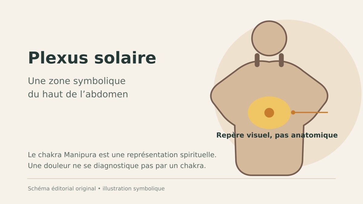 Schéma symbolique de Manipura au niveau du haut de l’abdomen, sans valeur diagnostique.