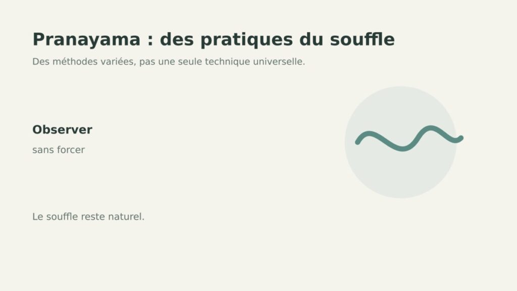 Pranayama représenté comme un ensemble de pratiques de yoga liées au souffle, sans représentation médicale.