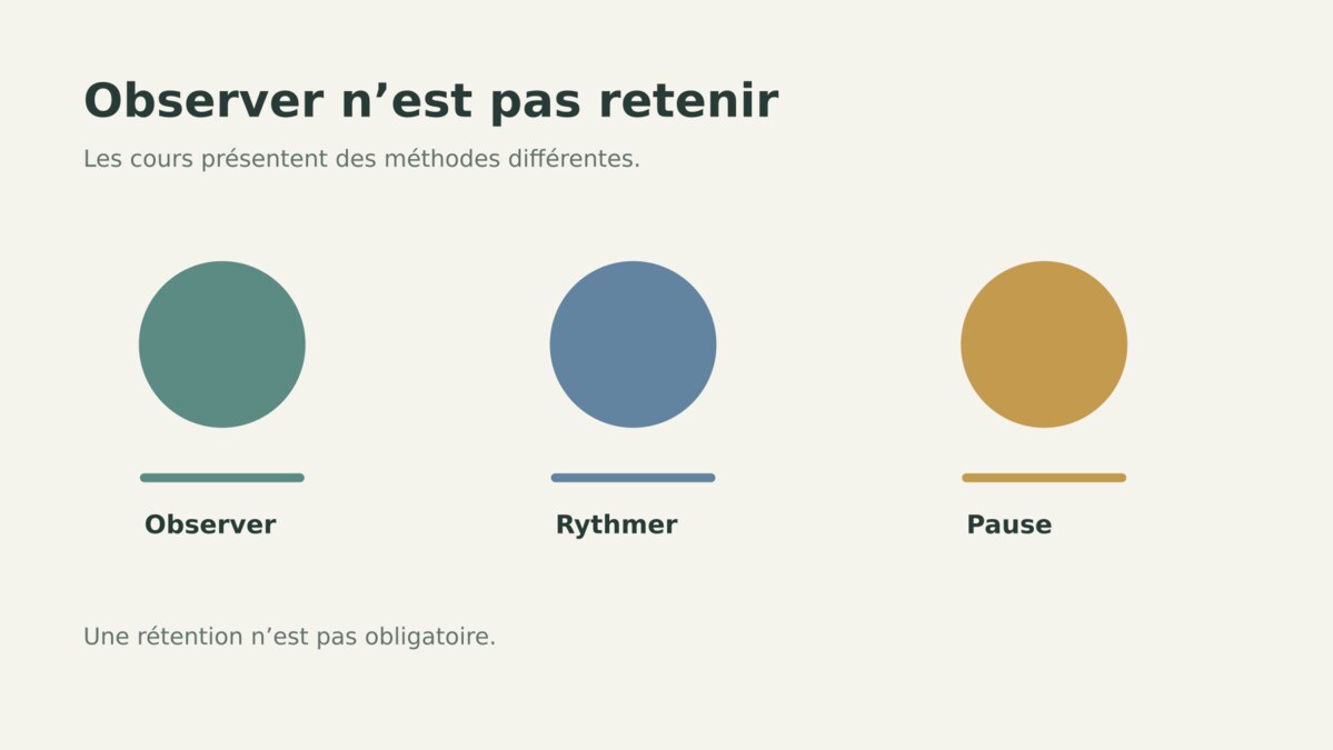 Schéma illustratif comparant observation du souffle, rythme et pause, sans imposer une technique.
