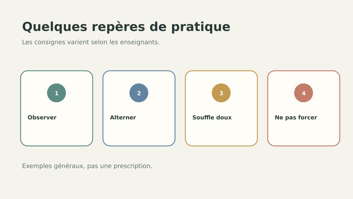 Quatre repères symboliques des pratiques respiratoires : observer, alterner, souffler doucement, éviter de forcer.