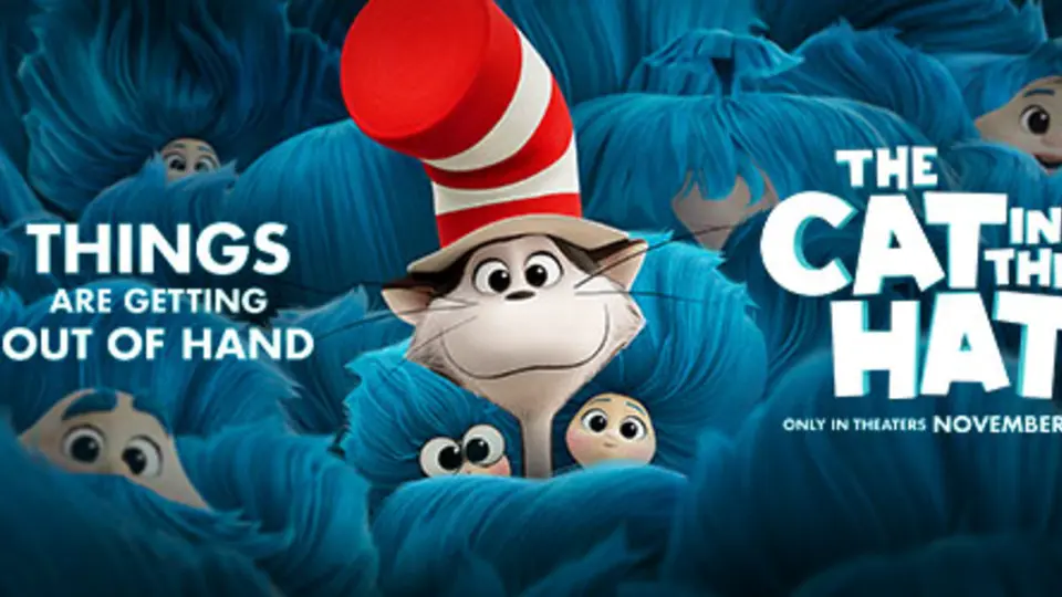 Visuel officiel panoramique de The Cat in the Hat montrant le Chat et son univers coloré dans le nouveau film animé.